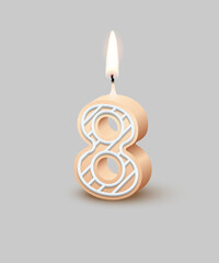 Birthday number eight, candle with fire vector illustration. 3D beige number 8 with icing, candlelight for birthday or anniversary cake and happy party, invitation and greeting card design template