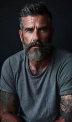 Fototapeta premium A handsome middle-aged man with short hair and a beard, silver-gray hair color, and expressive eyes stands out with tattoos adorning his neck and ears, exuding a distinctive and confident style.