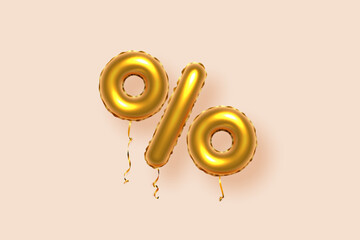 Discount creative composition with gold percent off. 3d Golden sale symbol with decorative balloon percent sign. Sale banner or poster on beige background vector illustration