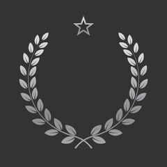 Realistic silver laurel wreath with star. Premium insignia, traditional victory symbol on black backdrop. Triumph, win poster, banner layout , shiny frame, border