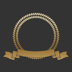 Realistic gold laurel wreath with golden ribbon . Premium insignia, traditional victory symbol on black backdrop. Triumph, win poster, banner layout , shiny frame, border