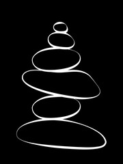 Balance stone pyramid silhouette. Pebble harmony tower. Zen, meditation, relaxing or tranquility vector concept isolated on black background