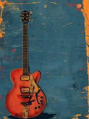 electric guitar in a dynamic illustration, set against a vibrant abstract background with lively splashes of orange and blue, symbolizing creativity and musical energy - obrazy, fototapety, plakaty