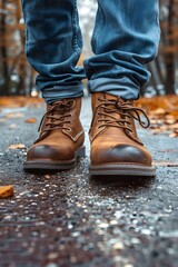 Close-up of a person wearing leather shoes and old jeans walking alone on the sidewalk. Suitable for the concept of unemployment, going on adventures, independence, Finding myself, seeking experience.