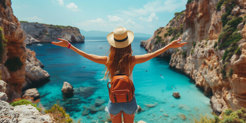 A traveler stands with arms outstretched on a cliff, overlooking the stunning turquoise waters of a serene ocean view, embodying the spirit of summer adventure - Powered by Adobe