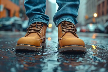 Close-up of a person wearing leather shoes and old jeans walking alone on the sidewalk. Suitable for the concept of unemployment, going on adventures, independence, Finding myself, seeking experience.