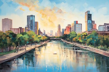 Infuse the spirit of impressionism into a panoramic exploration of environmental conservation in a street art format Incorporate a lively cityscape with flowing rivers