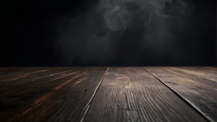 Empty wooden table with smoke float up on dark background Empty Space. Perfect for product backdrop.