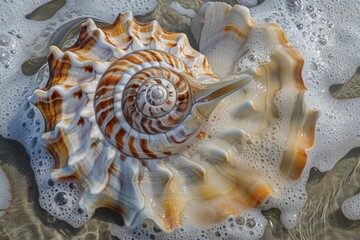 Hyperrealistic close-up of a seashell on the beach, emphasizing its intricate details and colors