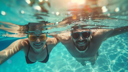 Portrait of lovely couple swimming in water in pool - Powered by Adobe