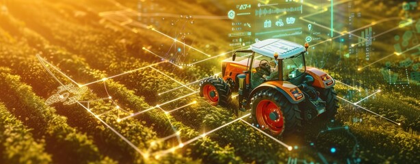 irrigation tractor driving spraying or harvesting an agricultural crop at sunset with information infographic data for agriculture industry