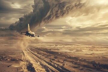 Lone F-16 flying through a desolate, post-apocalyptic landscape