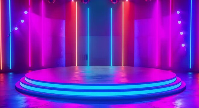 Colorful neon lights illuminate a modern game show stage with no audience. Concept Game Show Stage, Neon Lights, Modern Design, Audience-less, Colorful Illumination