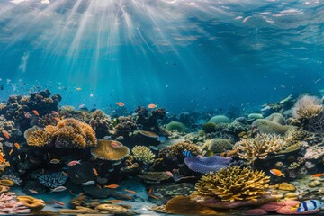 Panoramic view of a colorful coral reef teeming with fish, sunlight dappling through the water