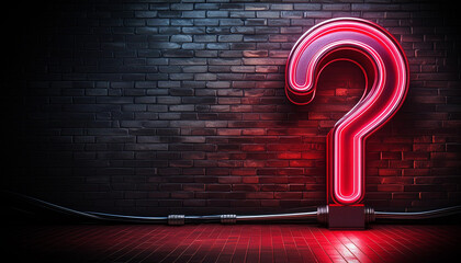 Close-up of a question mark with red neon lighting on a dark brick wall with copy space. Q and A concept. Generative Ai.