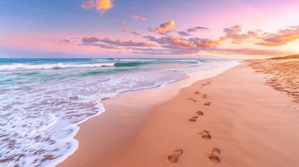 Panoramic view of a deserted beach at sunrise, gentle waves rolling in, footprints stretching along the waterline, and vibrant pastel colors in the sky