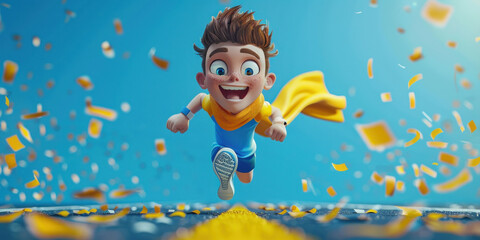 Joyful cartoon boy running on road with colorful confetti falling from the sky on sunny day - obrazy, fototapety, plakaty