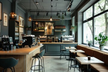 Modern Cozy Coffee Shop Interior with Comfortable Seating and Chic Decor