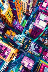 Pop art aerial view of a city grid, simplified buildings, stylized cars, and bold contrasting colors