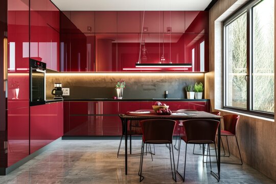 Modern Red Kitchen with Sleek Design and Dining Area