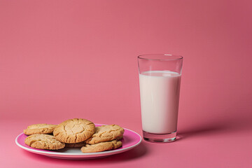 Freshly baked cookies plate glass of milk, pink background. Snack time treats, cookie break concept