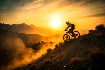 Mountain Biker at Sunset on a Dusty Terrain