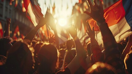 Dynamic Cinematic Lighting: A Vibrant Group of People Waving Flags in Unity and Celebration