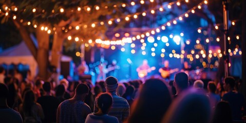 Outdoor Music Festival Evening Ambiance with Festive Lights and Crowd