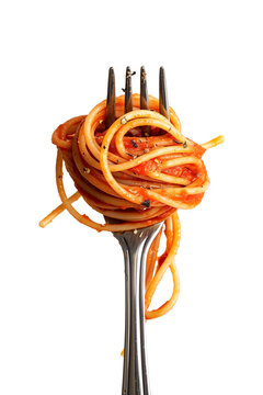 isolated spaghetti with tomato sauce on a fork