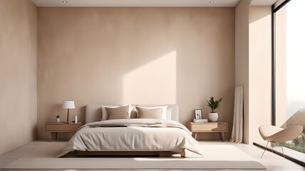  Minimalist interior design of modern bedroom with beige stucco wall. 
