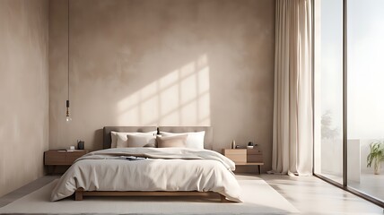  Minimalist interior design of modern bedroom with beige stucco wall. 
