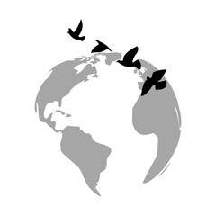 Vector illustration of flock of birds with world map on transparent background 