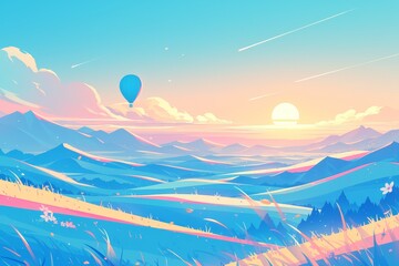 hot air balloons flying over colorful mountains. 