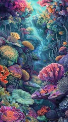 Surreal underwater scene, coral reefs in psychedelic colors