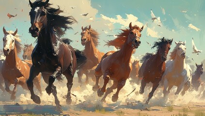Oil painting of A herd of wild horses galloping across the desert