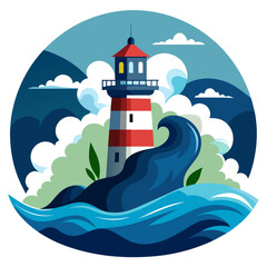 Majestic lighthouse standing tall amidst crashing waves, guiding ships safely through the night with its beacon of light
