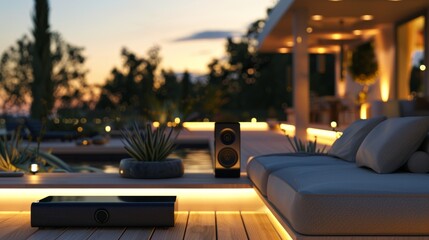 A sleek and modern outdoor lounge area with a stateoftheart sound system perfect for listening to music and enjoying afternoon tails in the open air.