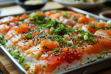 Baked sushi rolls in a baking dish. AI generative