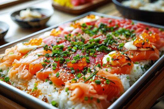 Baked Sushi Delights: A Culinary Creation. AI generative