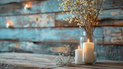 home decor, dried flowers and candles in a vase on a wooden table create a cozy, relaxed atmosphere in the room