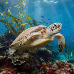 Fototapeta premium Sea turtle swimming. Marine life.