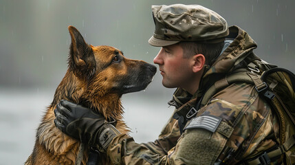A man in a military uniform is petting a dog