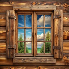 old wooden window with shutters. a window with a picture of a sunset and a cabin.
