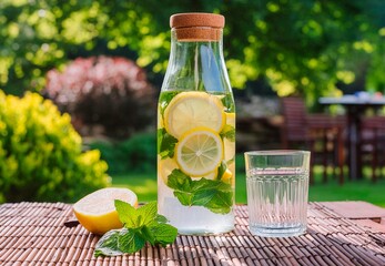 citronnade dans une carafe avec un verre à boire au jardin