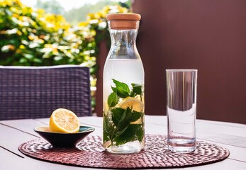 eau aromatisée avec du citron et des feuilles de menthe, boisson fraîche