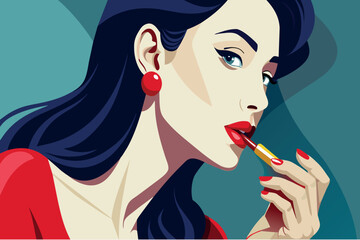 Stylish lady in red puts on lipstick, exuding elegance