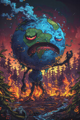 Planet earth is in the midst of a forest fire. Pollution and global warming concept.