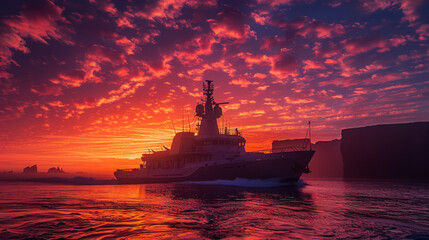 Obraz premium A large ship is sailing in the ocean with a beautiful sunset in the background