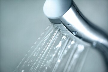 Refreshing Shower Experience: Closeup of Cylindrical Shower Head Splashing Thin Streams of Water in...
