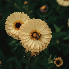 Bee pollinates yellow flower. Flowering plants.